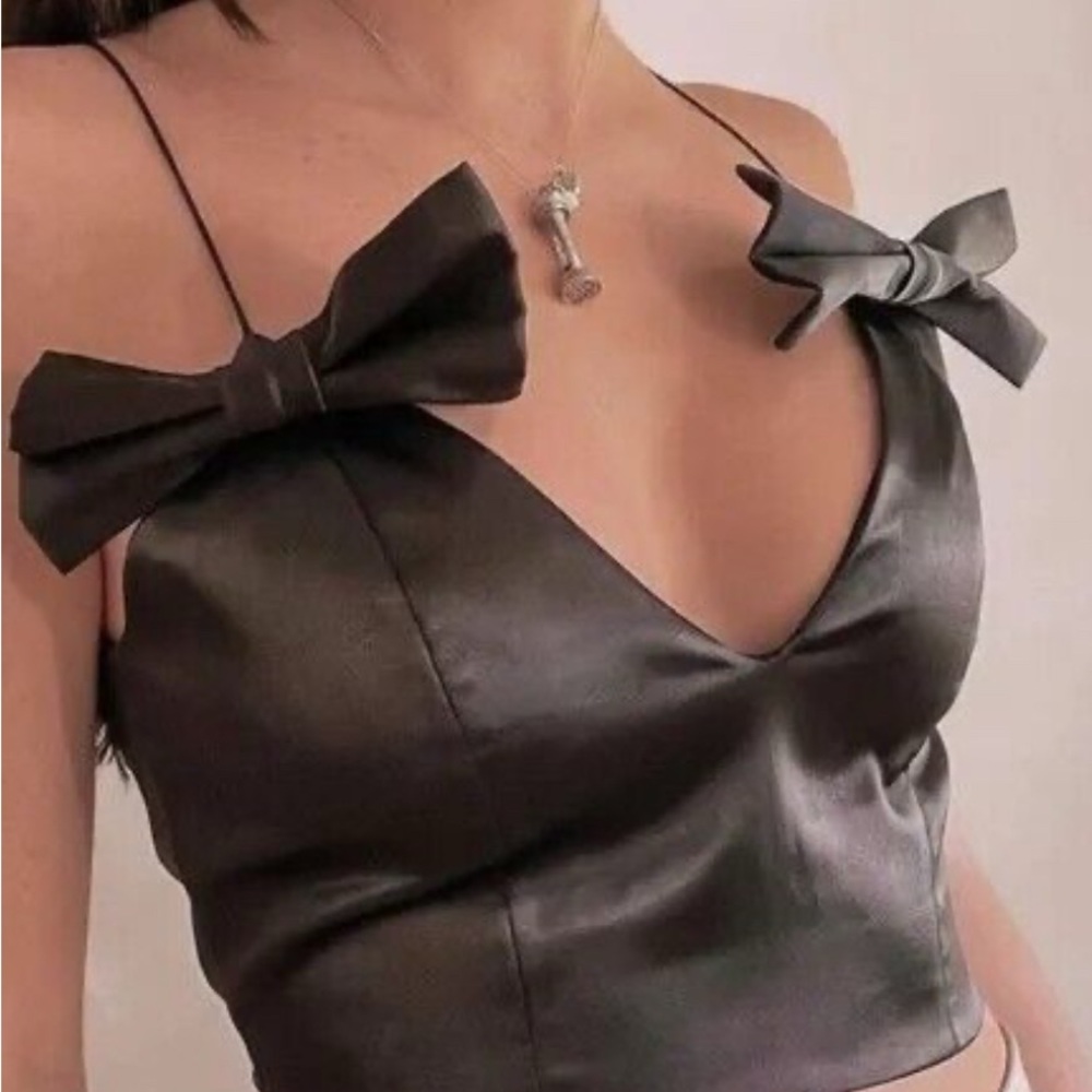 Zara NWT Satin 2 Bow Crop Top XL Hidden Zipper accommodates boobs & less busty